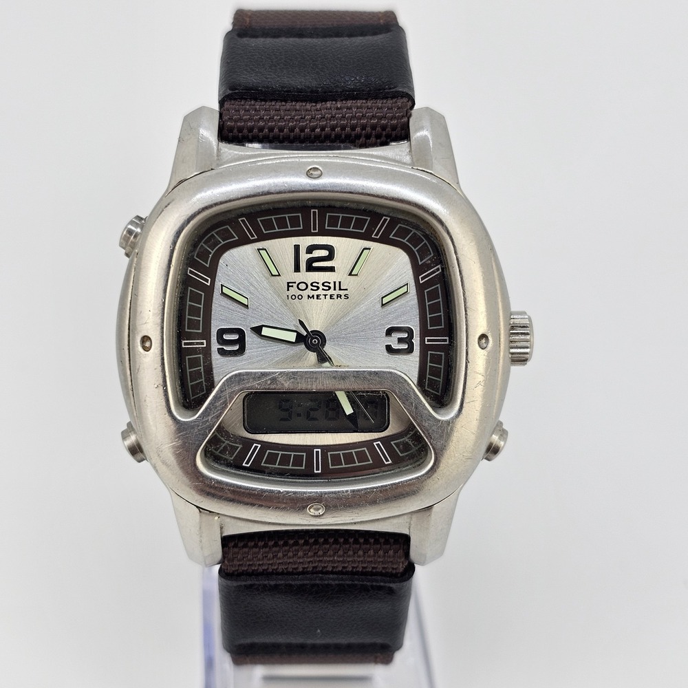 VTG Fossil Watch Men Ana-Digi 41MM Gray Dial NEW Brown Nylon Bands NEW Battery‎